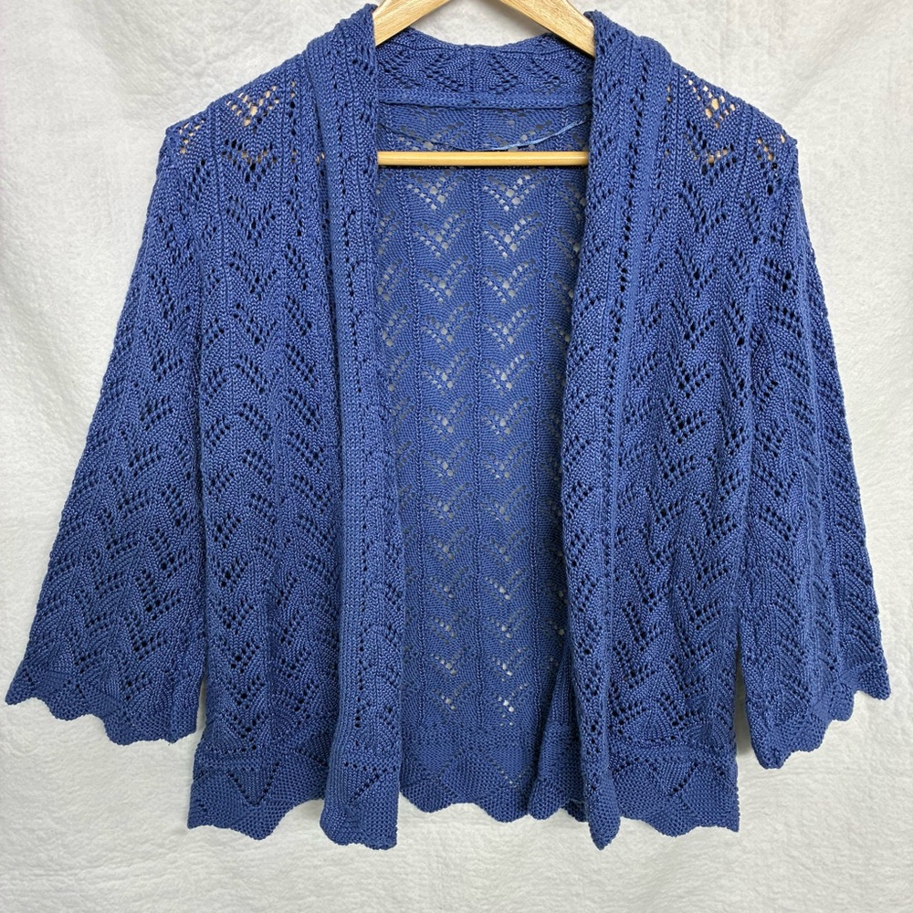 Blue Pointelle Knit Bolero Cardigan‎ Open Front Lace Shrug Boho Cottagecore